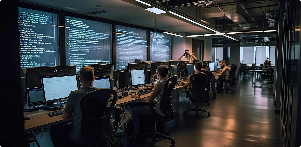 Команда розробників програмного забезпечення працює над кодом в сучасному офісі